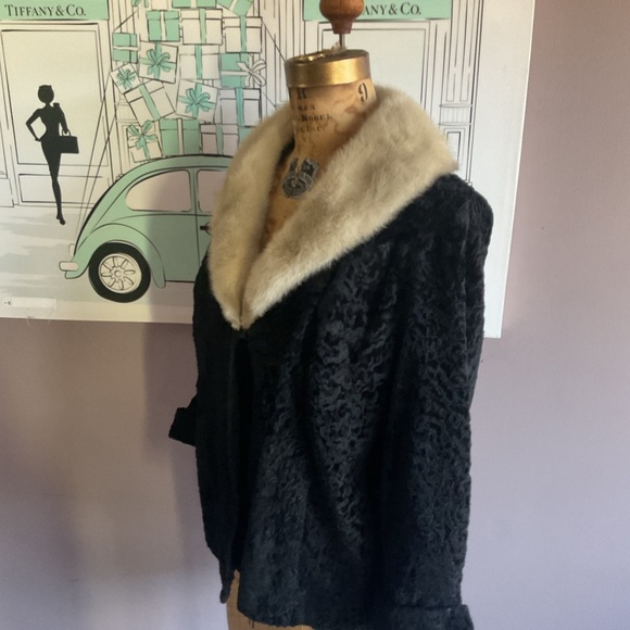 Vintage Black Curly Lamb Karakul and Blonde Mink Swing Coat, M - Picture 3 of 12